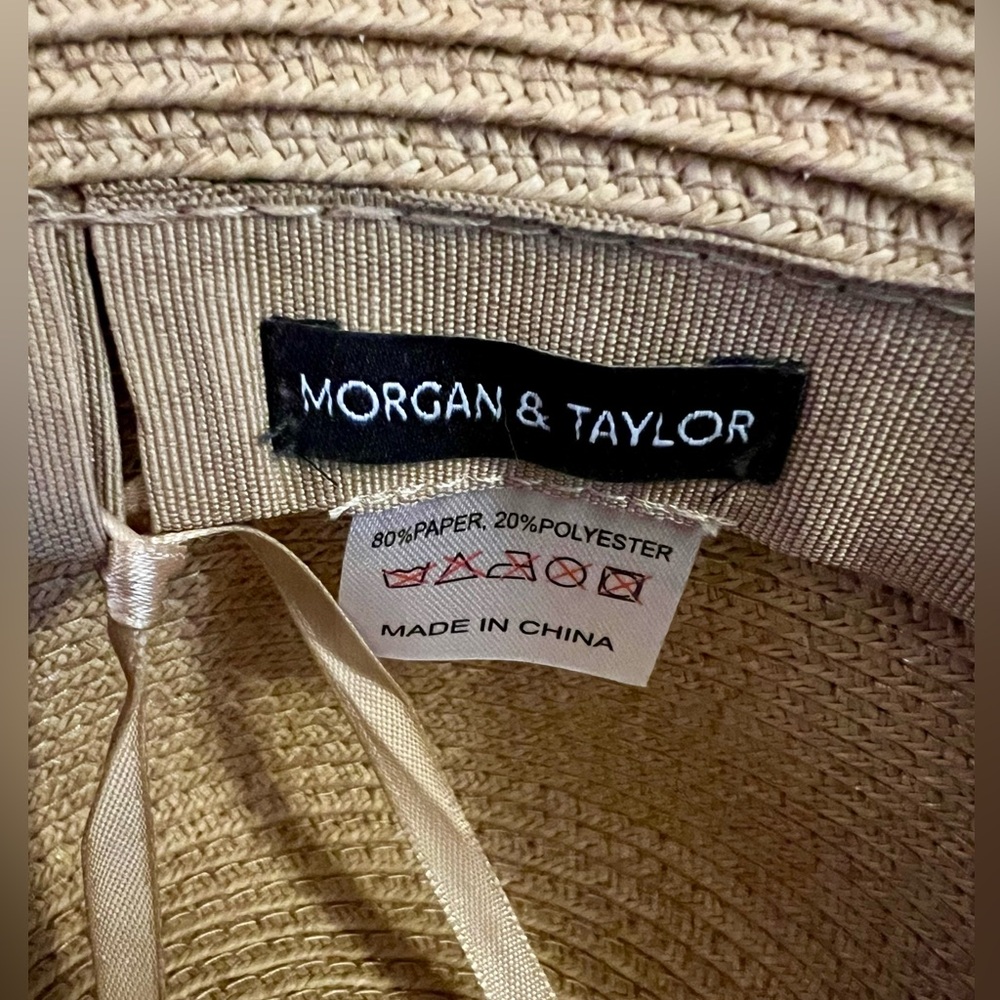 Morgan & Taylor Raffia Straw Sun Hat Navy Trim Wide Brim Beach Resort - Picture 4 of 5
